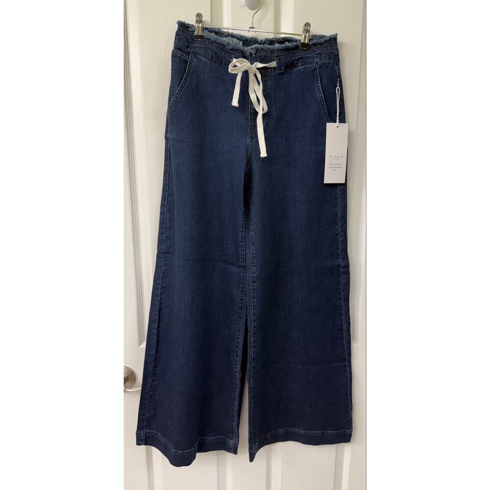 Risen Jeans Mid Rise Dark Wash Wide Leg Pants with Tie Waistband NWT Small $128 - Picture 3 of 10